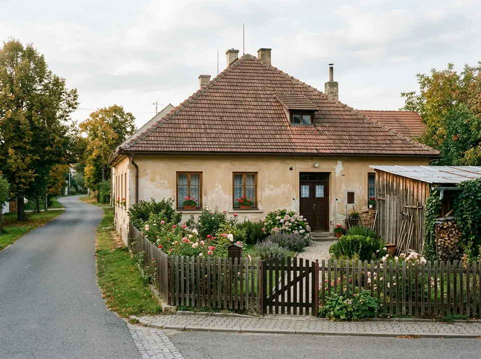 Földszintes, vakolt családi ház kis előkerttel és melléképülettel, csendes utcában.
